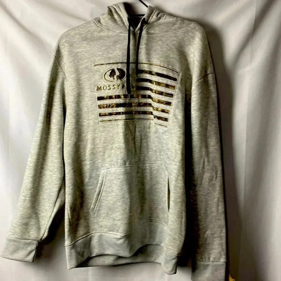 NWT MOSSY OAK MENS SIZE LARGE GRAY CAMOUFLAGE PULLOVER HOODIE  CAMO FLAG DESIGN - Picture 1 of 11